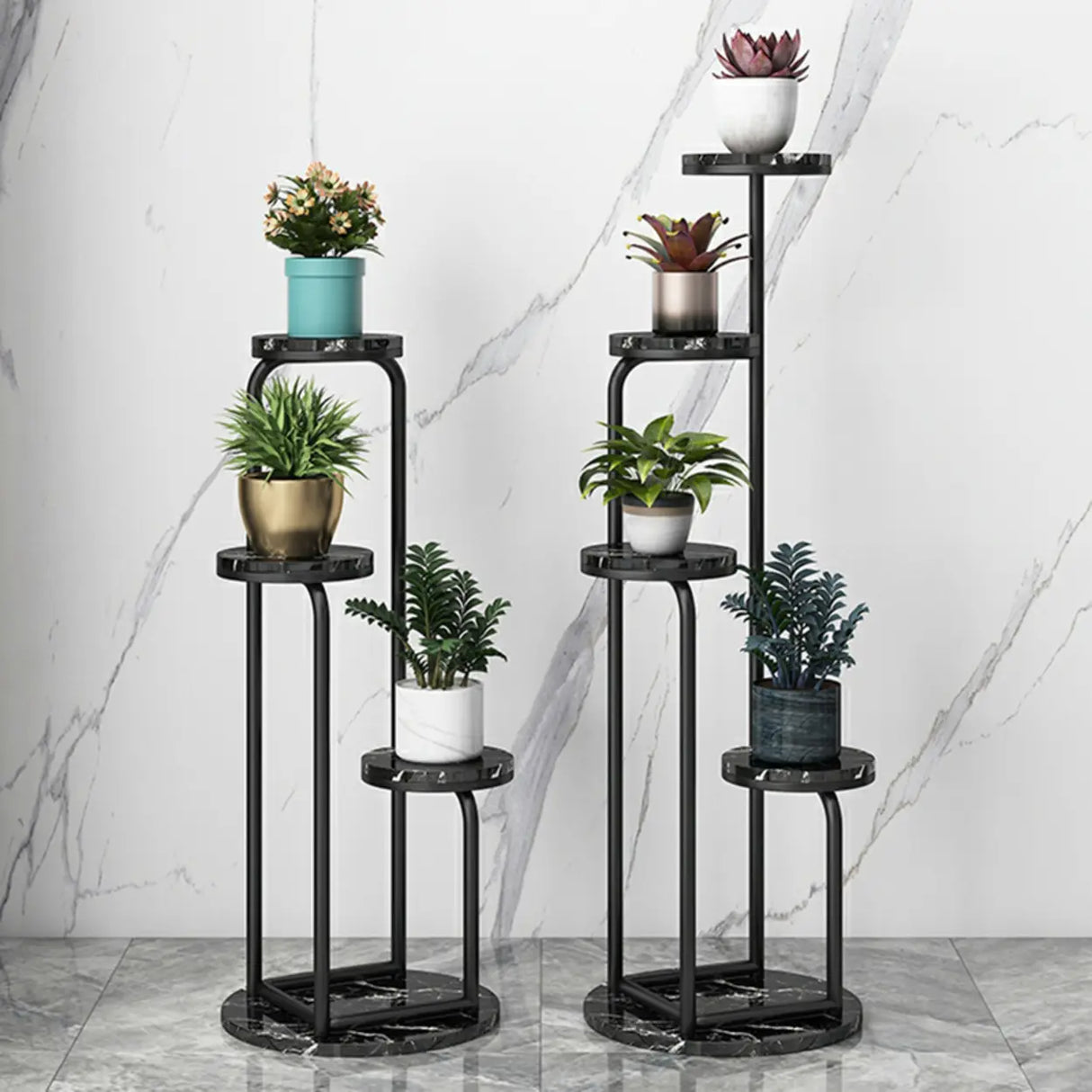 Modish Circular Faux Marble Gold 4 Tiers Plant Stand Image - 4