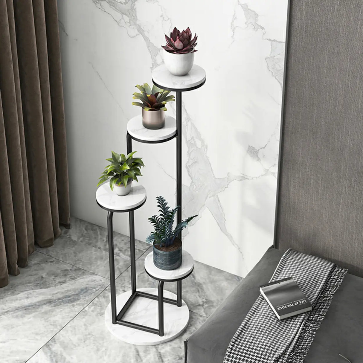 Modish Circular Faux Marble Gold 4 Tiers Plant Stand Image - 5