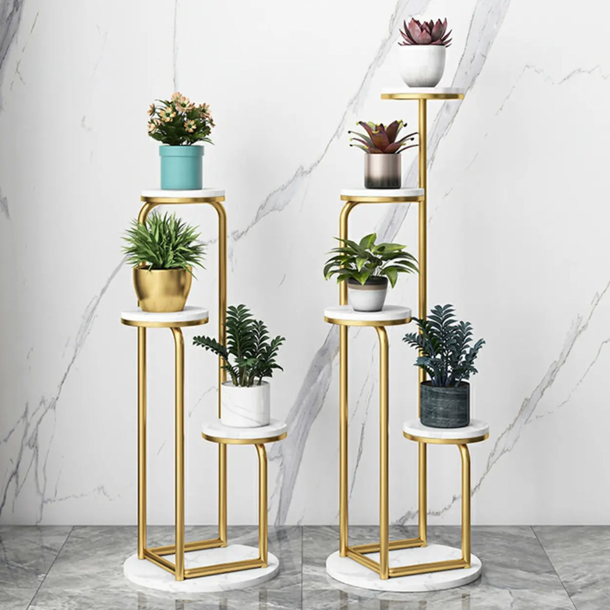 Modish Circular Faux Marble Gold 4 Tiers Plant Stand Image - 6