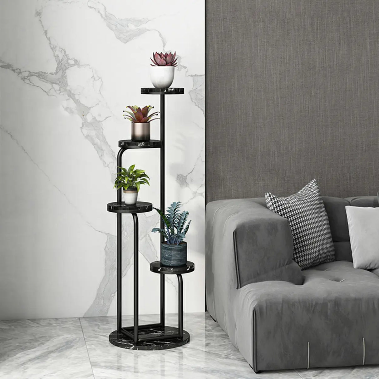 Modish Circular Faux Marble Gold 4 Tiers Plant Stand Image - 7