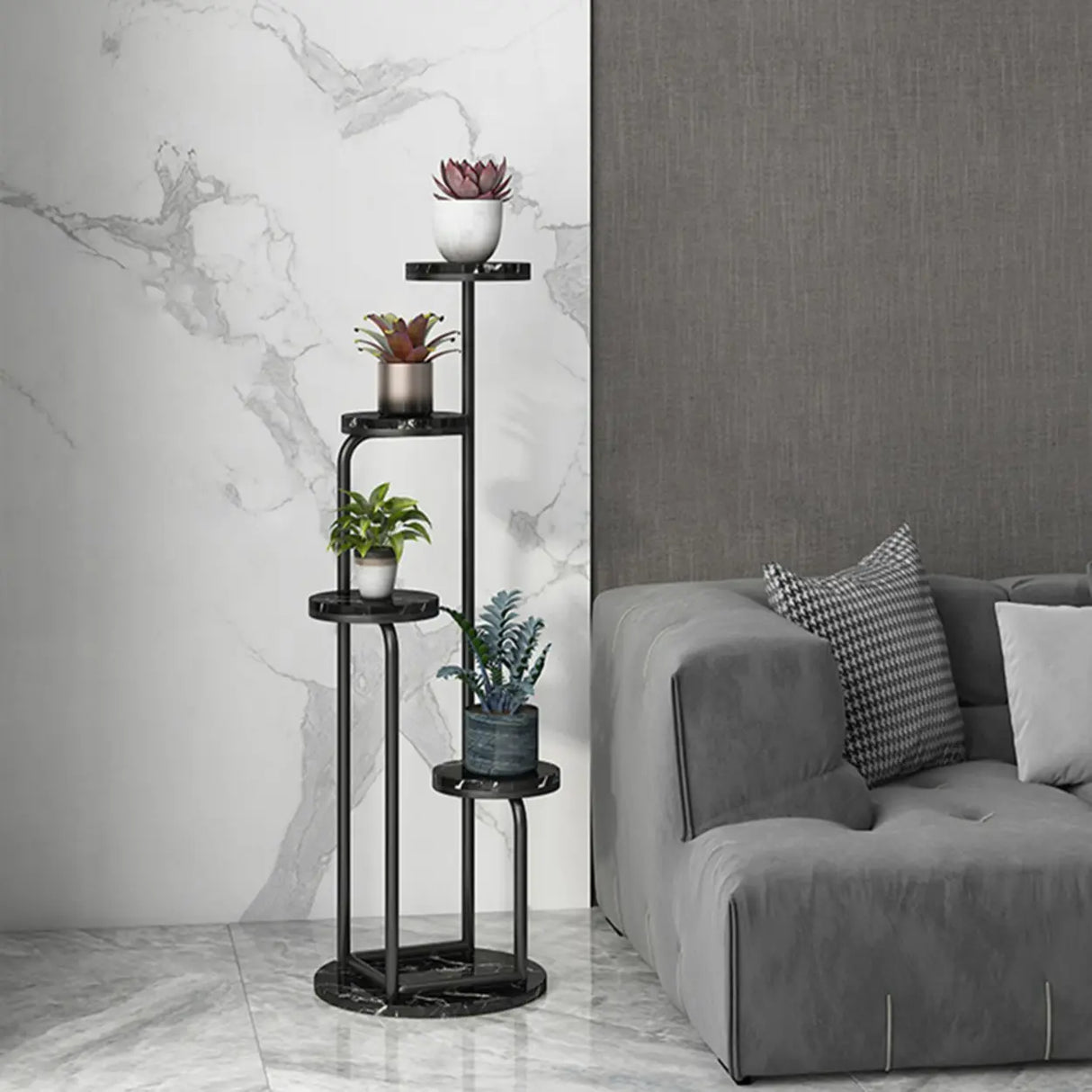 Modish Circular Faux Marble Gold 4 Tiers Plant Stand Image - 8