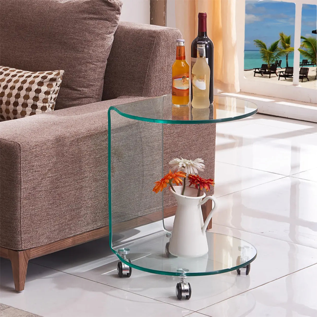 Modish Clear Glass Vitreous Chairside Table with Wheel Image - 1