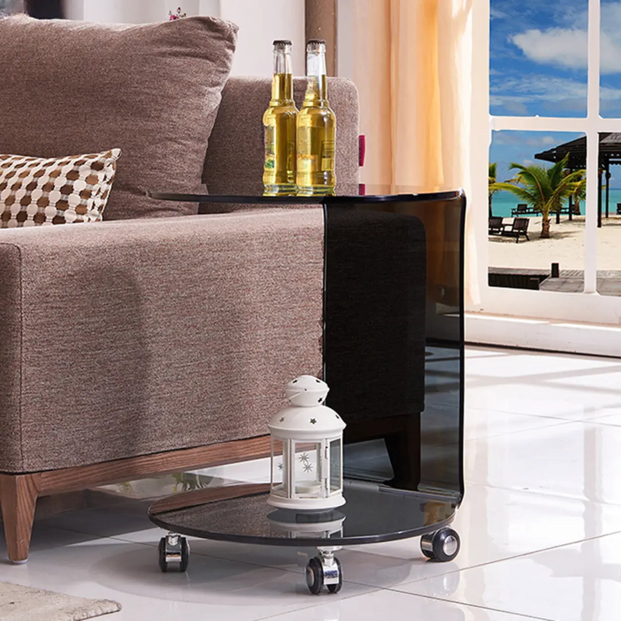 Modish Clear Glass Vitreous Chairside Table with Wheel Image - 3
