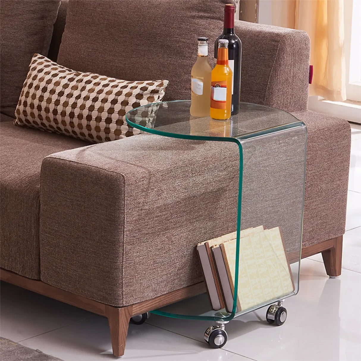 Modish Clear Glass Vitreous Chairside Table with Wheel Image - 4