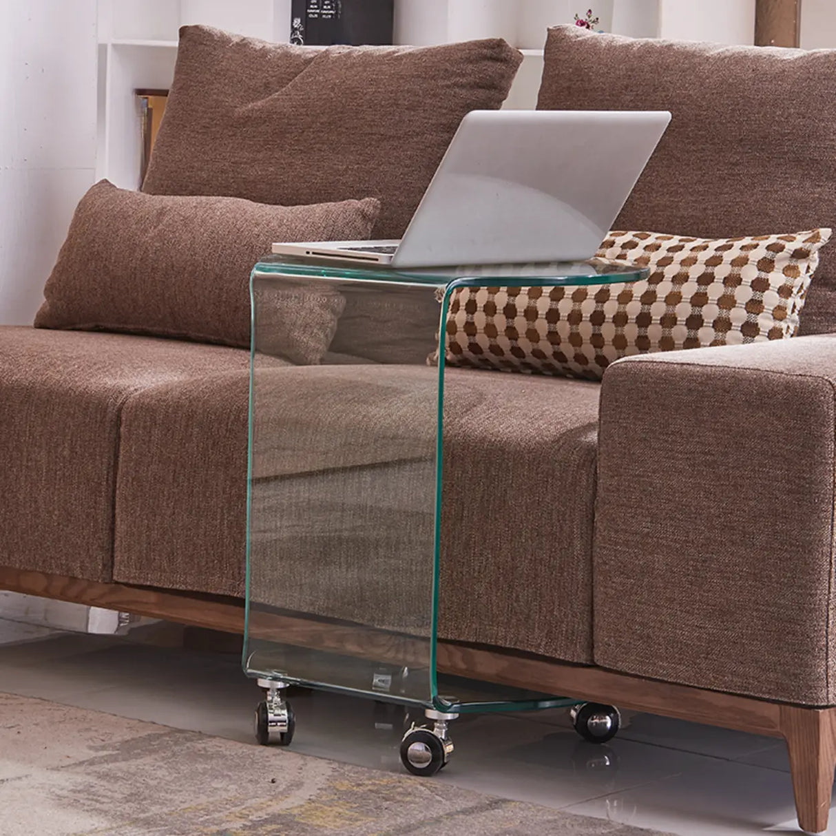 Modish Clear Glass Vitreous Chairside Table with Wheel Image - 5