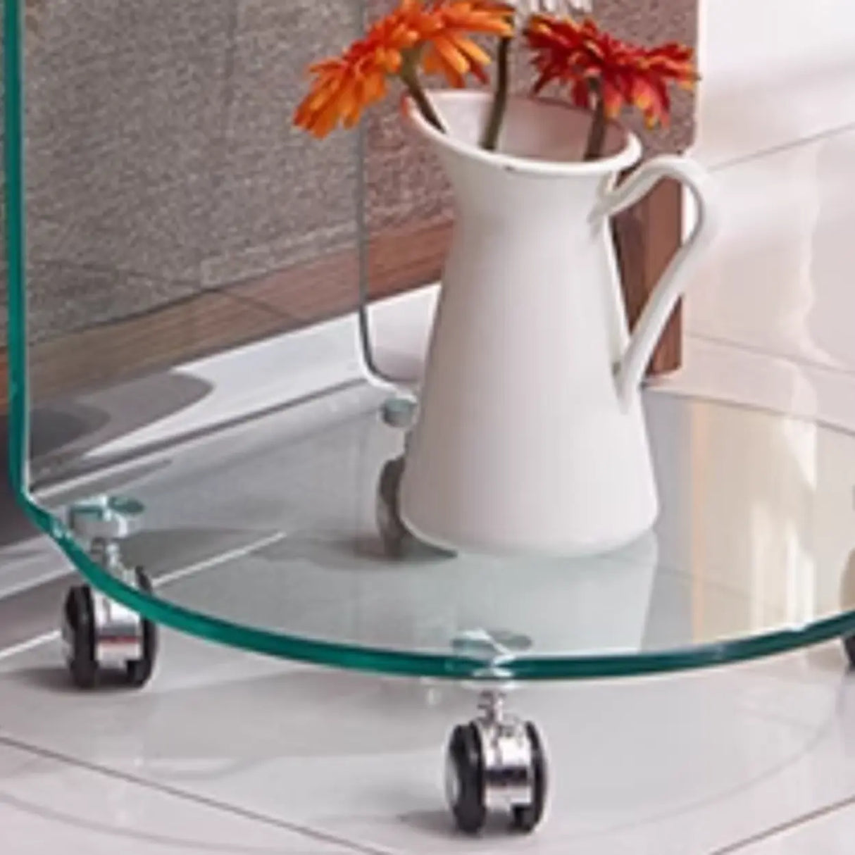 Modish Clear Glass Vitreous Chairside Table with Wheel Image - 7