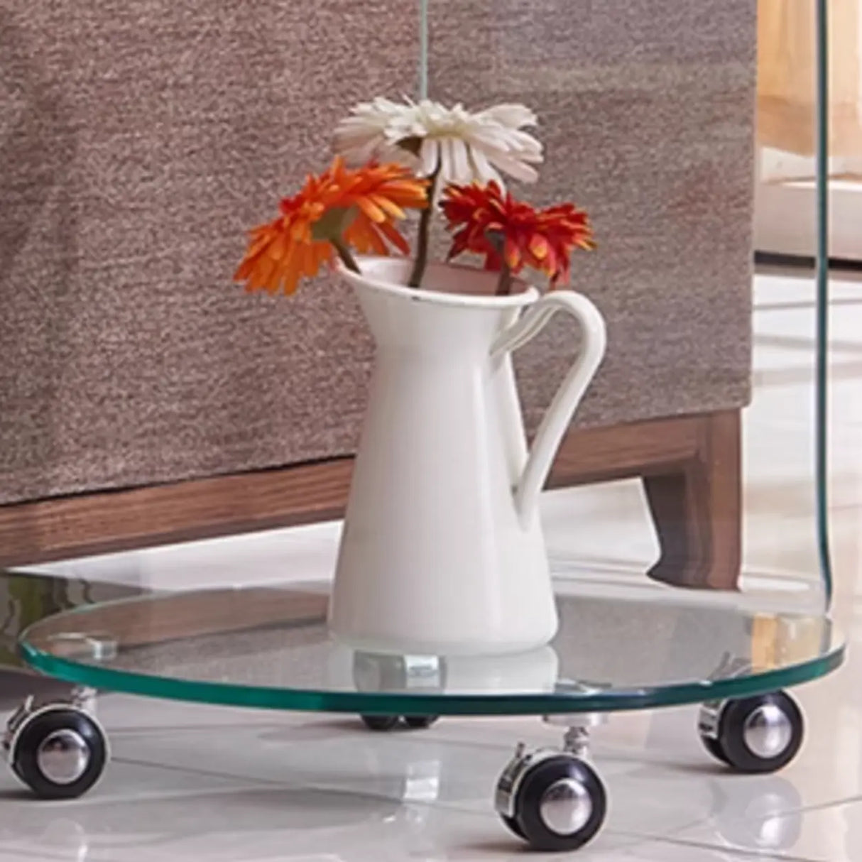 Modish Clear Glass Vitreous Chairside Table with Wheel Image - 8