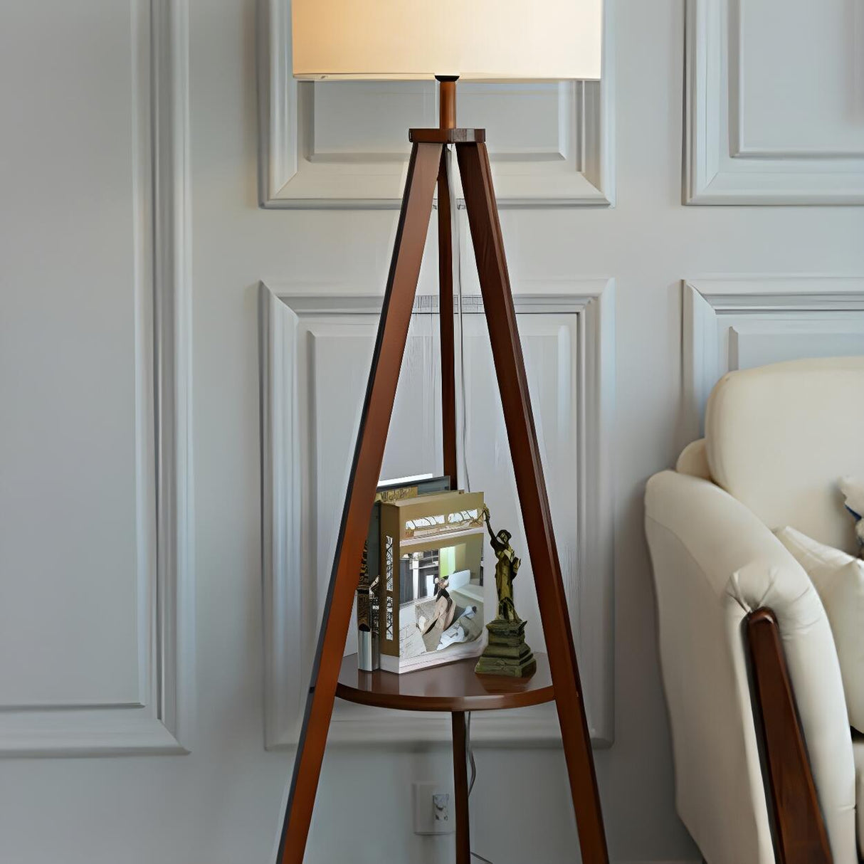 Modish Cylinder Wooden Tripod Floor Lamp with Shelf Image - 10