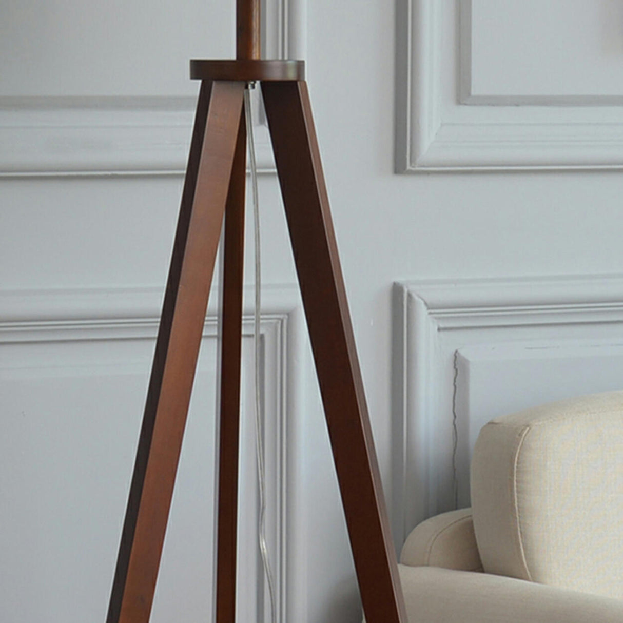 Modish Cylinder Wooden Tripod Floor Lamp with Shelf Image - 11