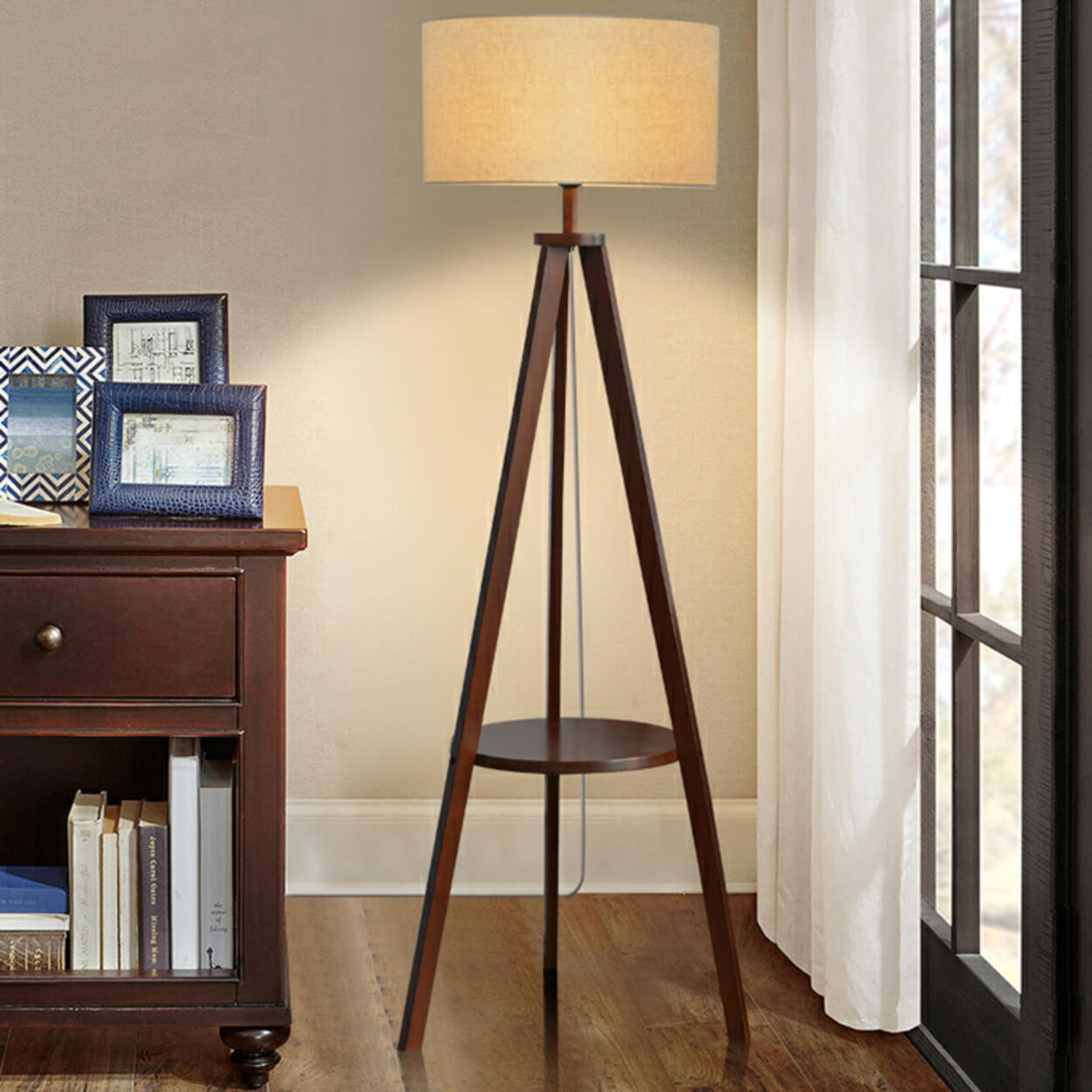 Modish Cylinder Wooden Tripod Floor Lamp with Shelf Image - 3
