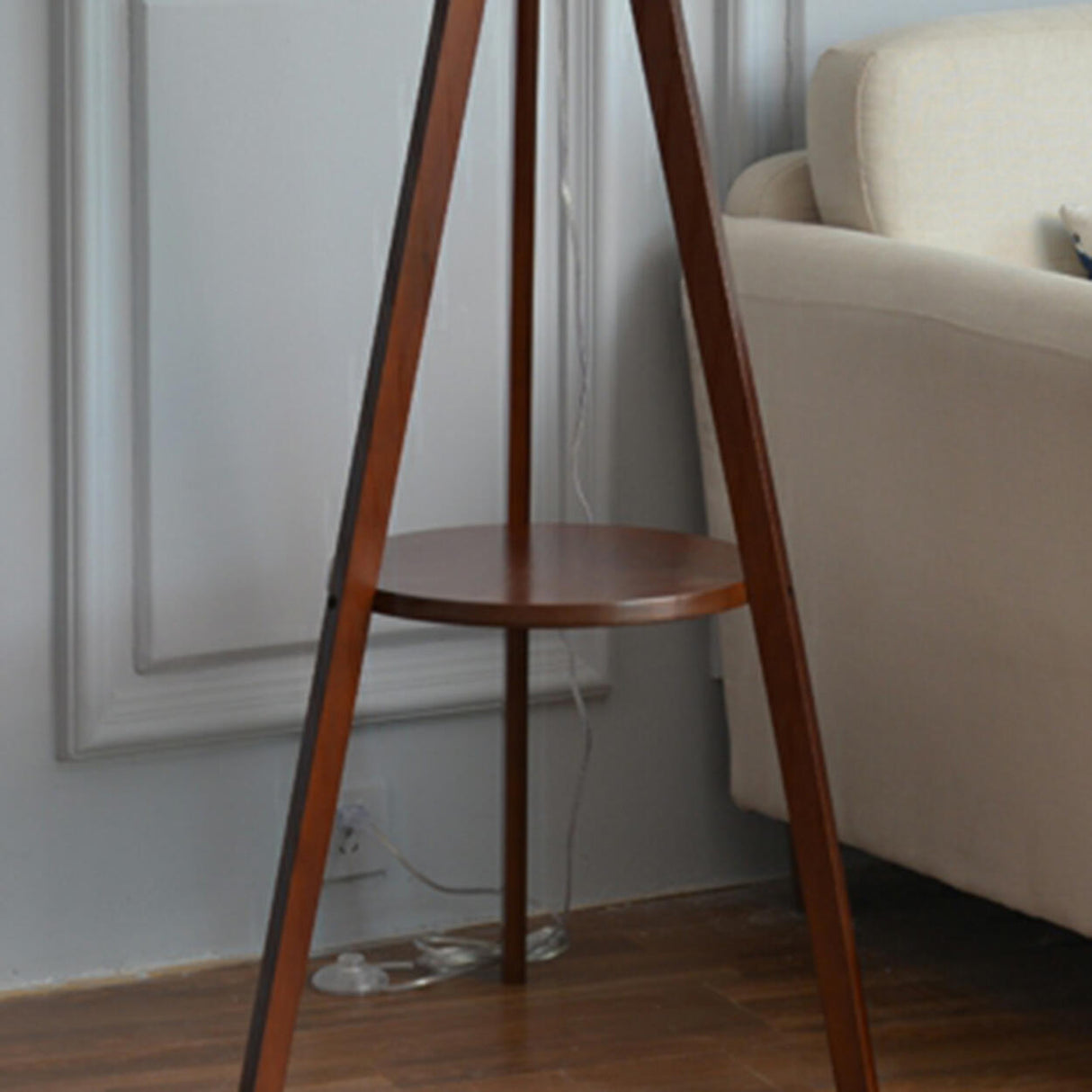 Modish Cylinder Wooden Tripod Floor Lamp with Shelf Image - 4