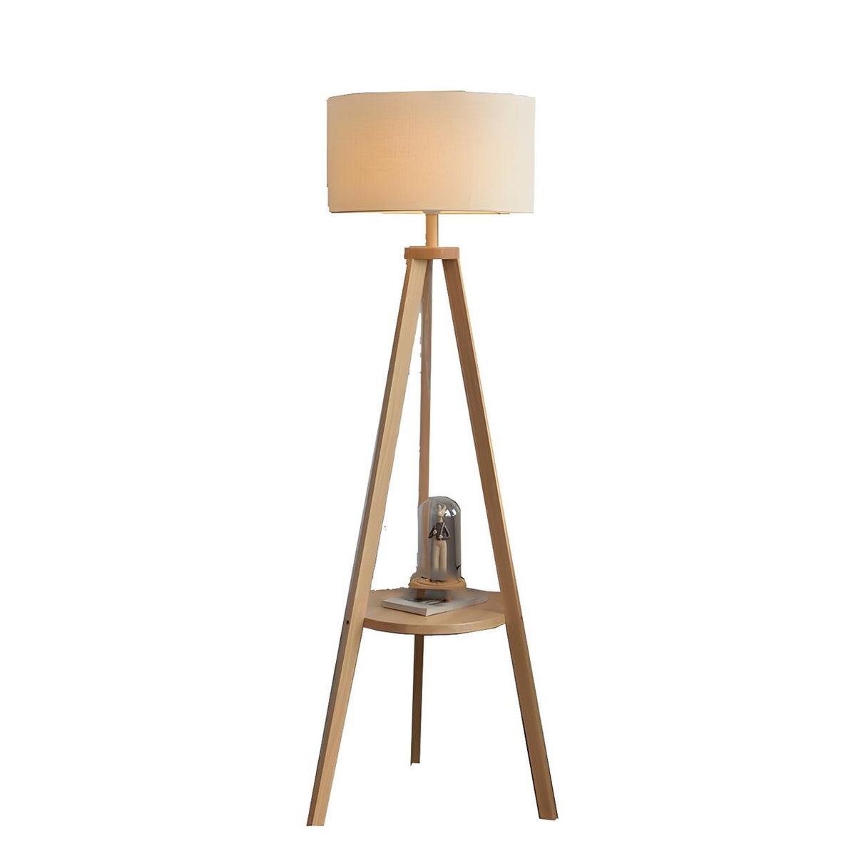 Modish Cylinder Wooden Tripod Floor Lamp with Shelf Image - 5