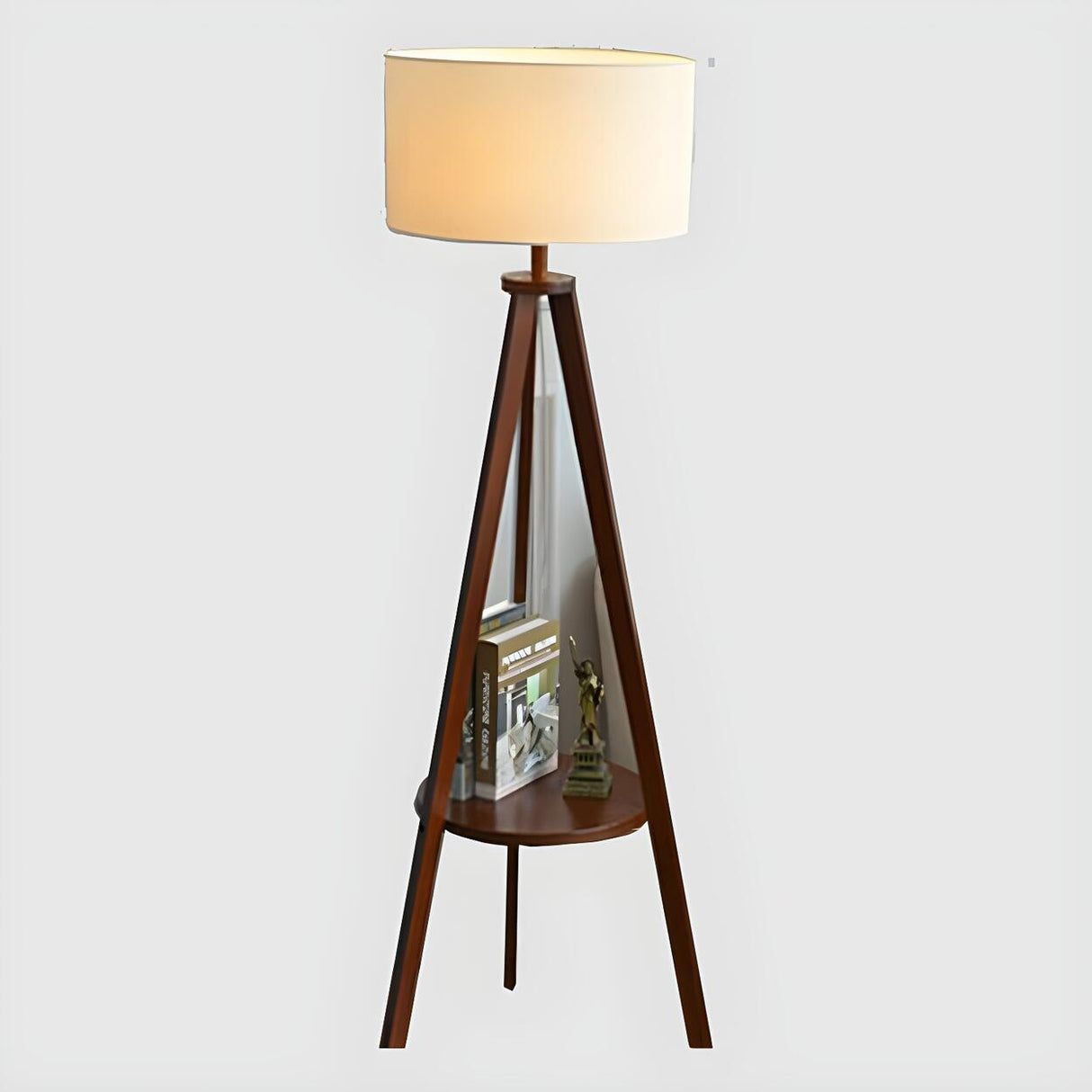 Modish Cylinder Wooden Tripod Floor Lamp with Shelf Image - 6