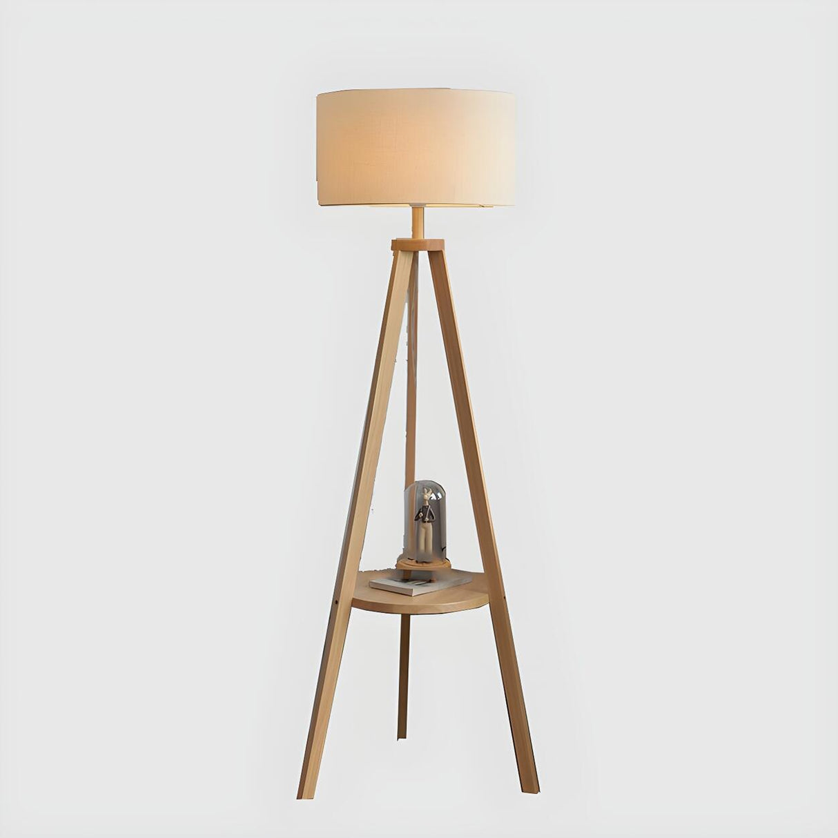 Modish Cylinder Wooden Tripod Floor Lamp with Shelf Image - 7