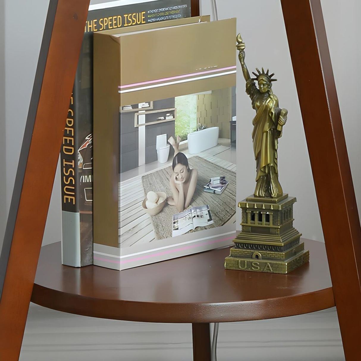 Modish Cylinder Wooden Tripod Floor Lamp with Shelf Image - 9