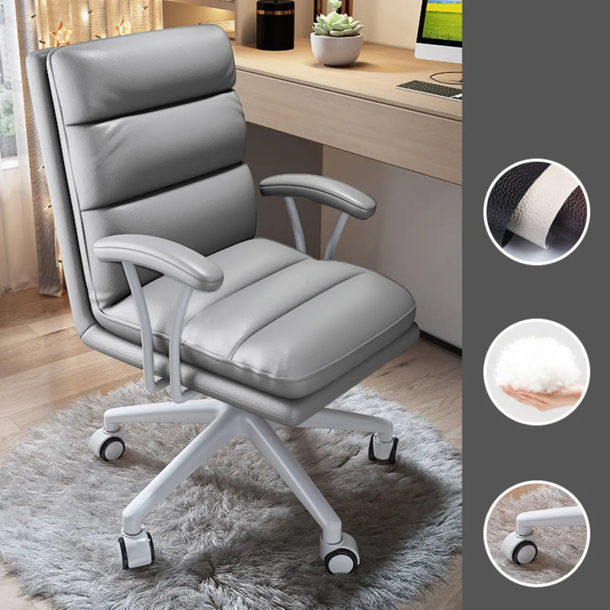 Modish Ergonomic Leather Gray Office Chair with Casters Image - 6