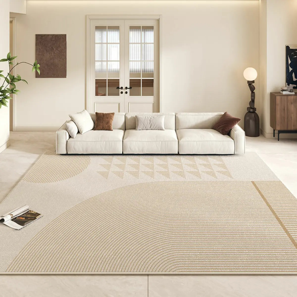 Modish Geometric Flannel Ivory Anti-Slip Area Rug Image - 1