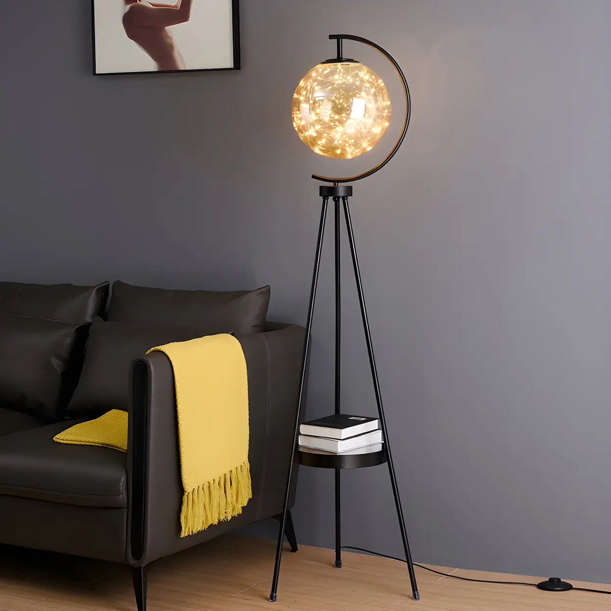 Modish Globe Black Metal Floor Lamp with Shelf Image - 10