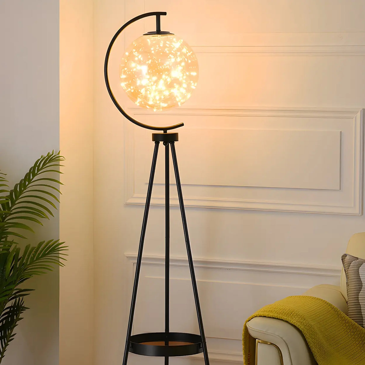 Modish Globe Black Metal Floor Lamp with Shelf Image - 11