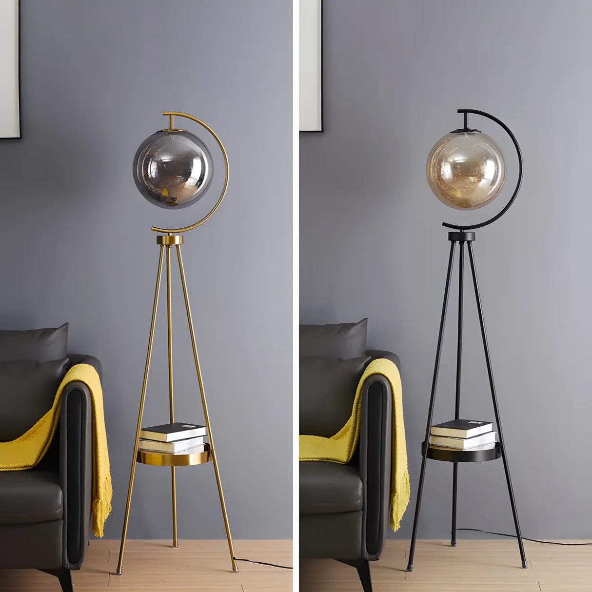 Modish Globe Black Metal Floor Lamp with Shelf Image - 12