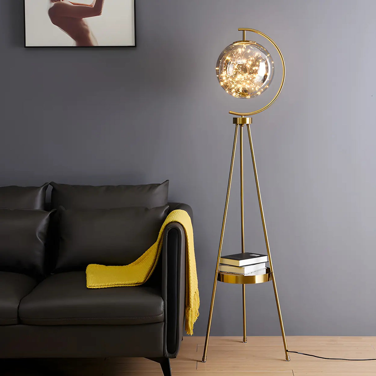 Modish Globe Black Metal Floor Lamp with Shelf Image - 4