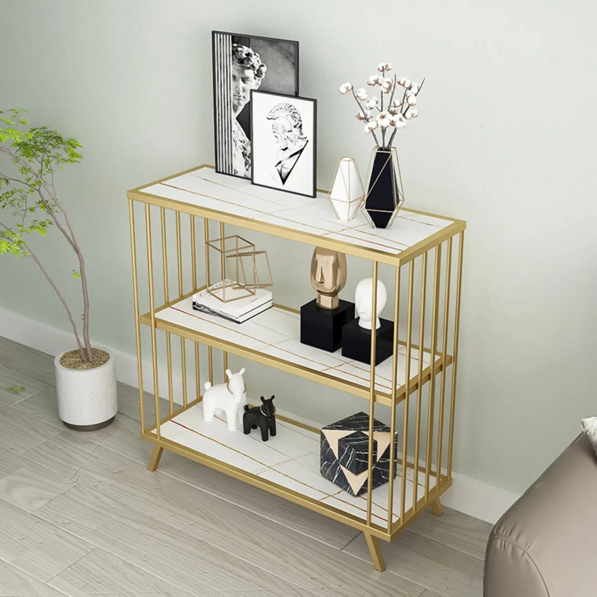 Modish Gold Metal Frame Vertical Open Display Bookcase Image - 1