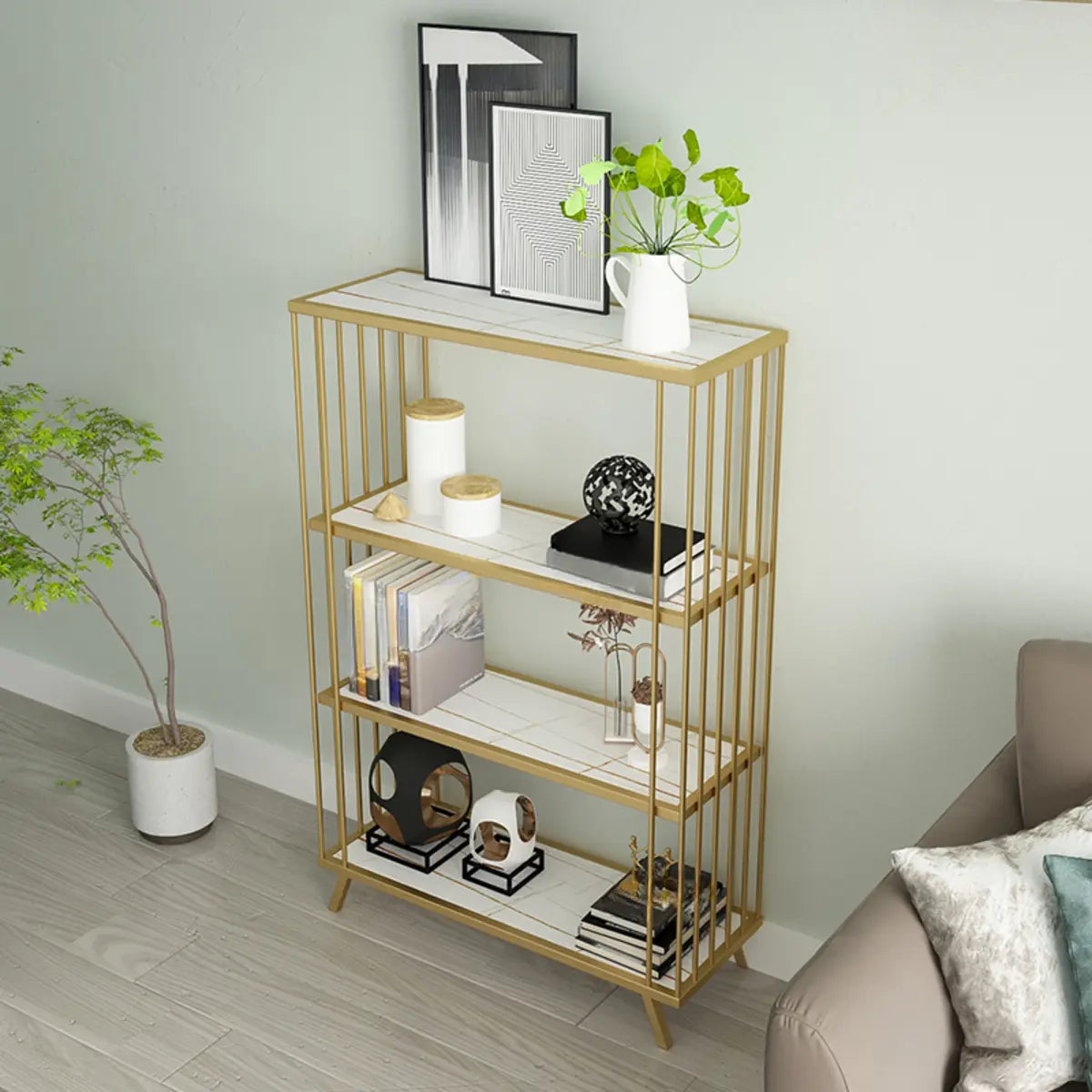 Modish Gold Metal Frame Vertical Open Display Bookcase Image - 4