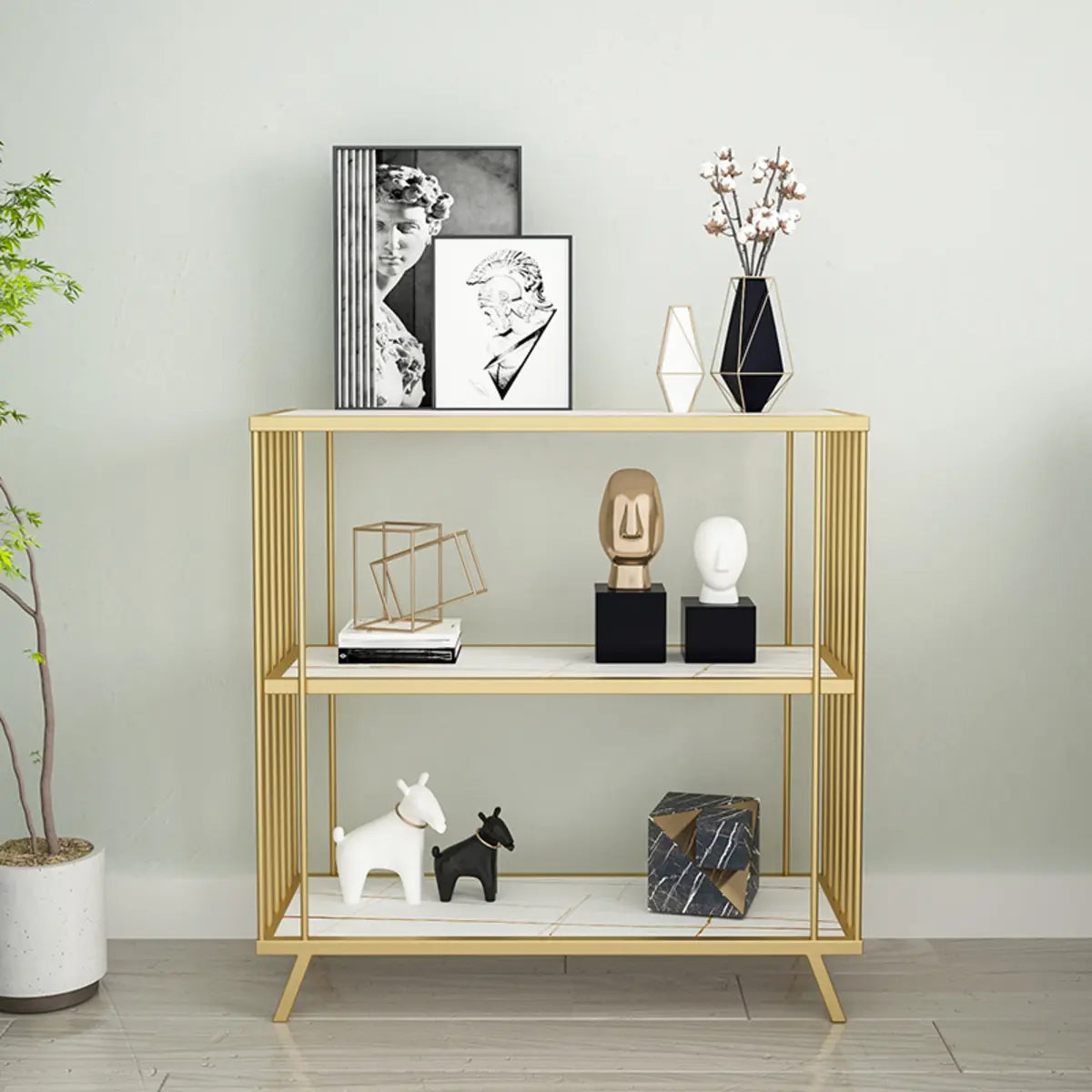 Modish Gold Metal Frame Vertical Open Display Bookcase Image - 5