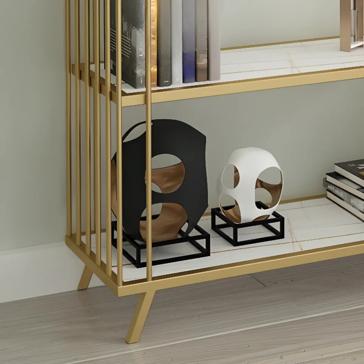 Modish Gold Metal Frame Vertical Open Display Bookcase Image - 6