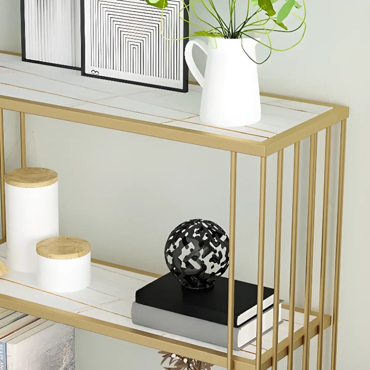 Modish Gold Metal Frame Vertical Open Display Bookcase Image - 8