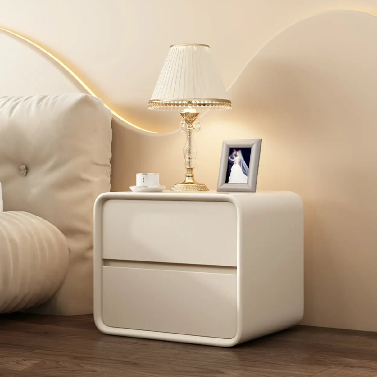 Modish Gray Dual Drawer Rounded Faux Leather Nightstand Image - 10