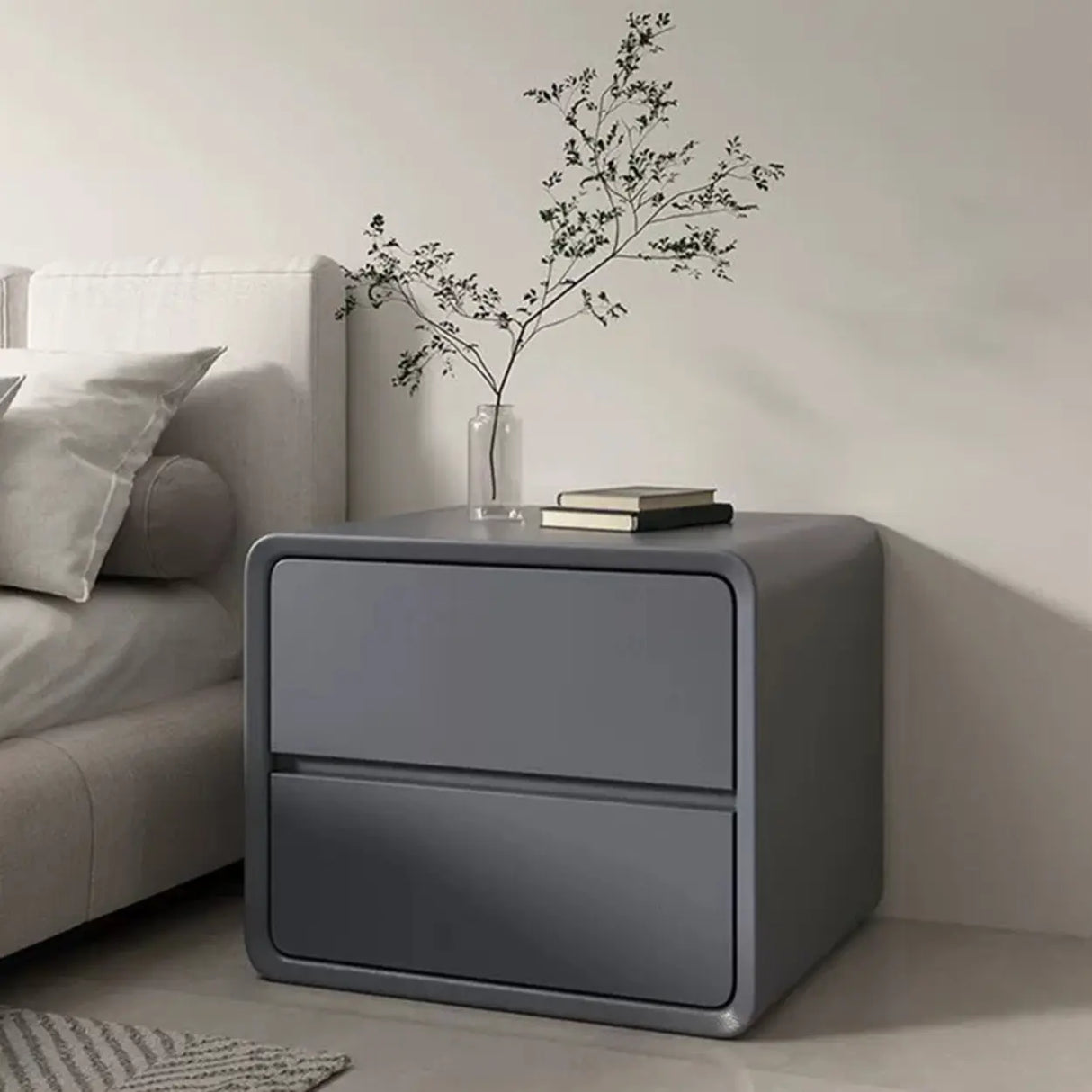 Modish Gray Dual Drawer Rounded Faux Leather Nightstand Image - 1