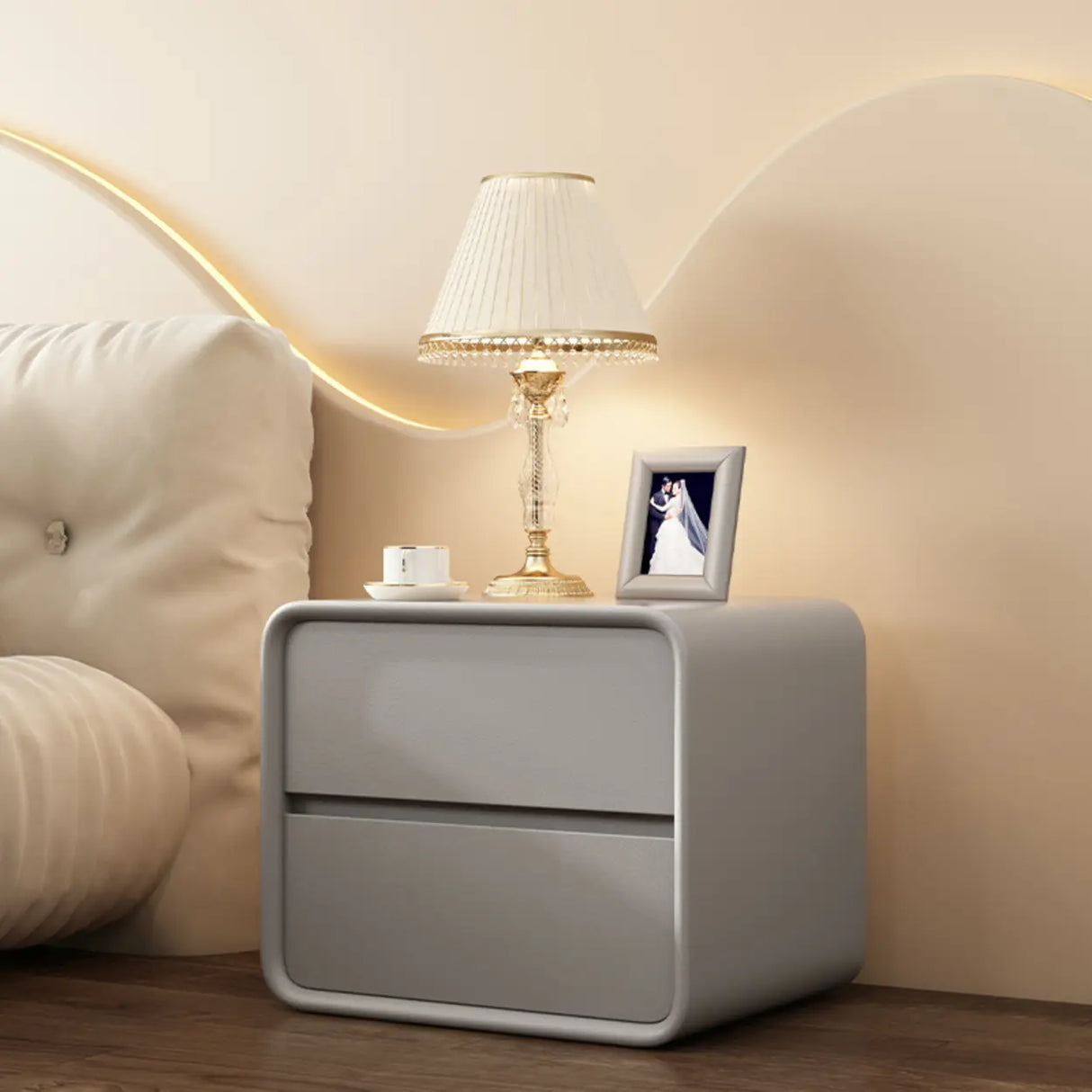 Modish Gray Dual Drawer Rounded Faux Leather Nightstand Image - 2