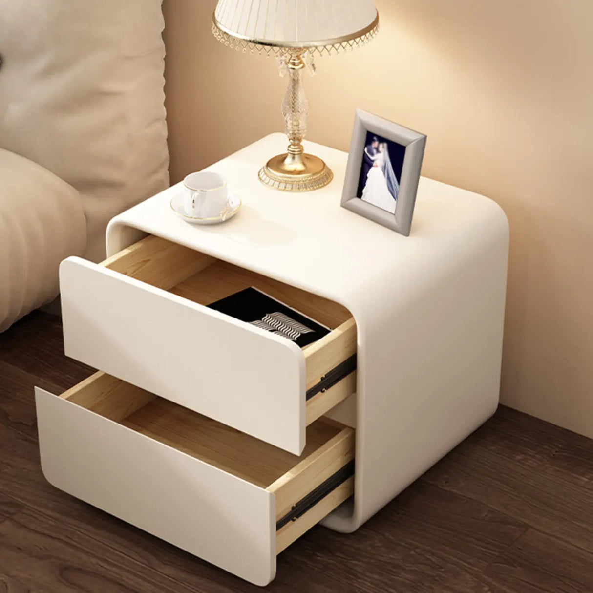 Modish Gray Dual Drawer Rounded Faux Leather Nightstand Image - 3