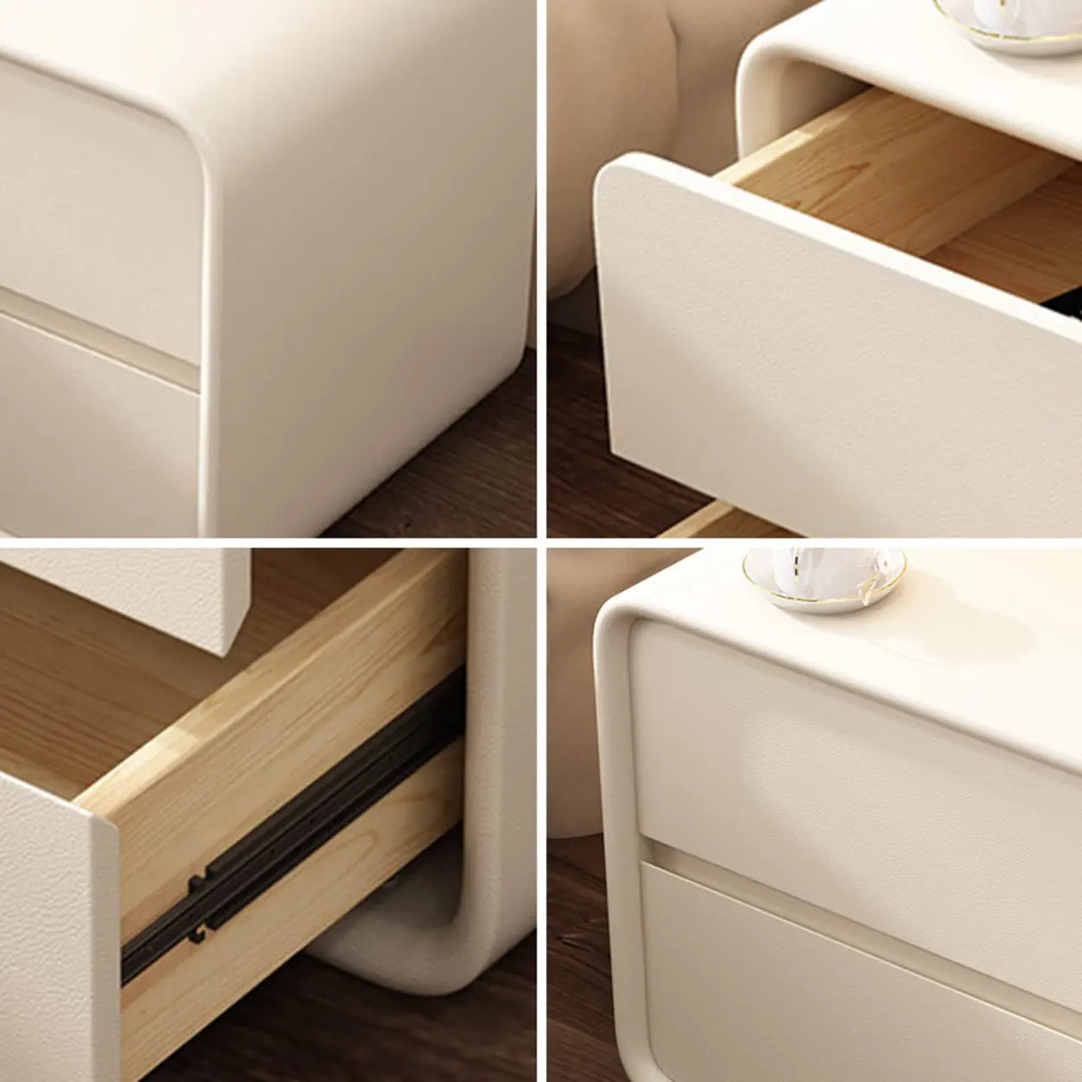 Modish Gray Dual Drawer Rounded Faux Leather Nightstand Image - 4