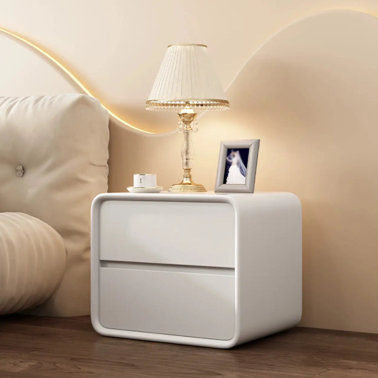 Modish Gray Dual Drawer Rounded Faux Leather Nightstand Image - 6