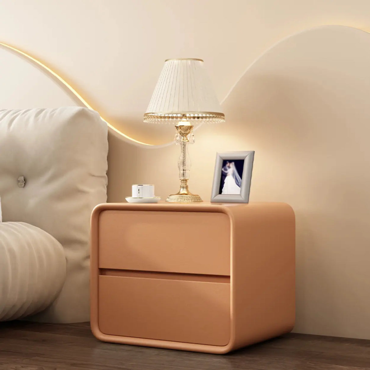 Modish Gray Dual Drawer Rounded Faux Leather Nightstand Image - 9