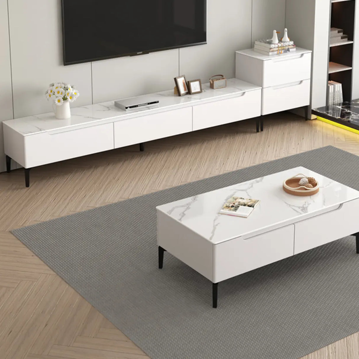 Modish Grey Stone Rectangle TV Stand with Drawers Image - 10