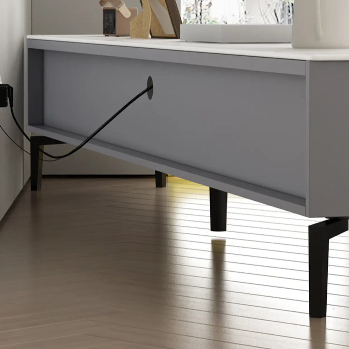 Modish Grey Stone Rectangle TV Stand with Drawers Image - 11