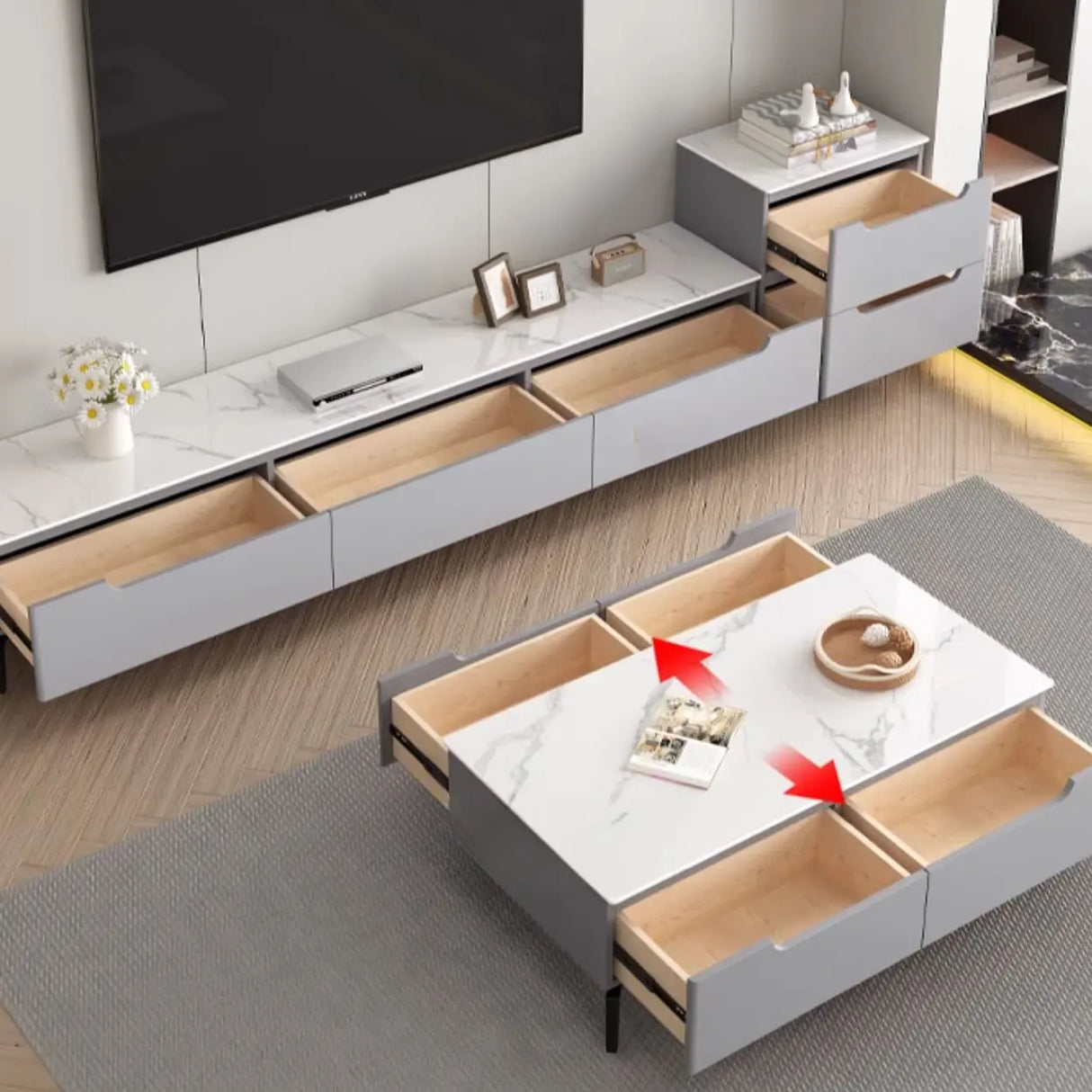 Modish Grey Stone Rectangle TV Stand with Drawers Image - 12