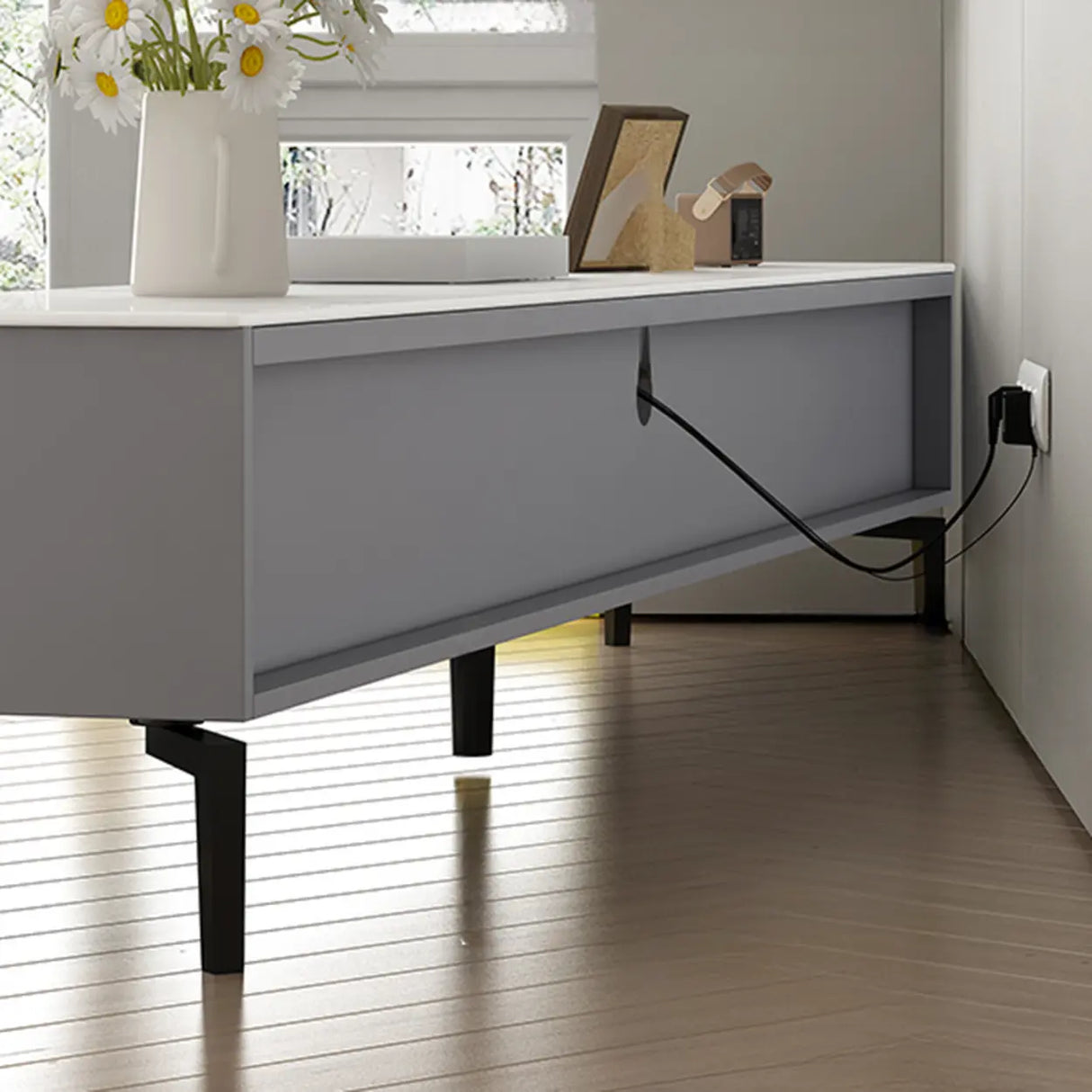 Modish Grey Stone Rectangle TV Stand with Drawers Image - 14