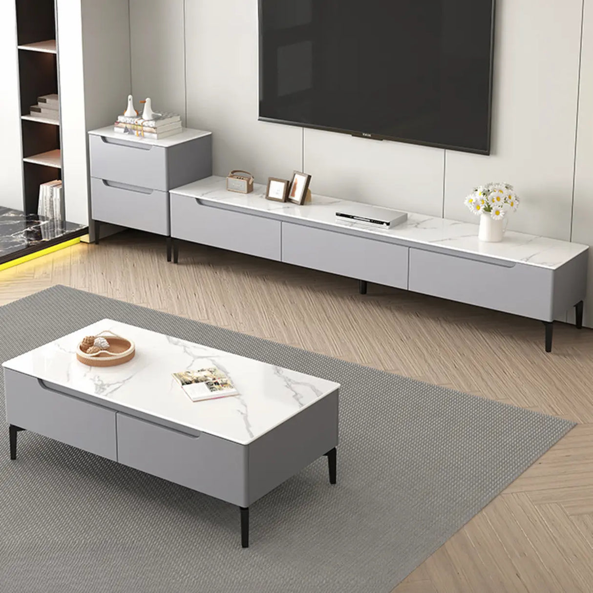 Modish Grey Stone Rectangle TV Stand with Drawers Image - 1