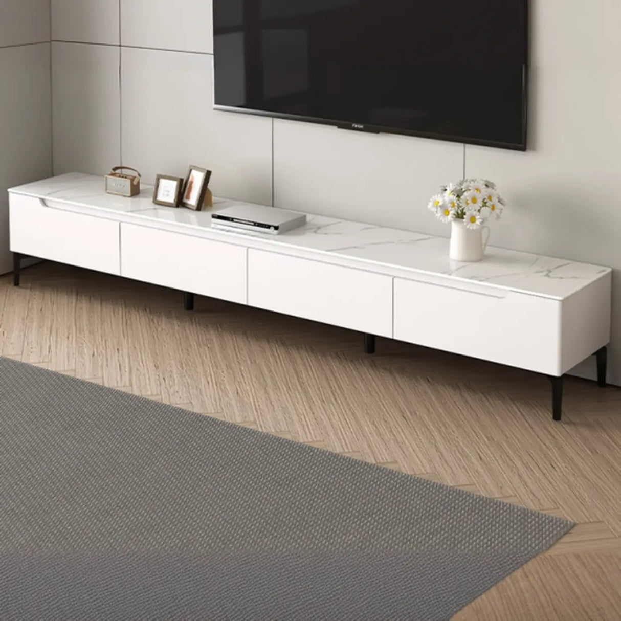 Modish Grey Stone Rectangle TV Stand with Drawers Image - 2