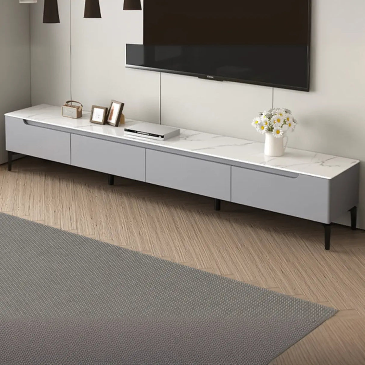 Modish Grey Stone Rectangle TV Stand with Drawers Image - 3