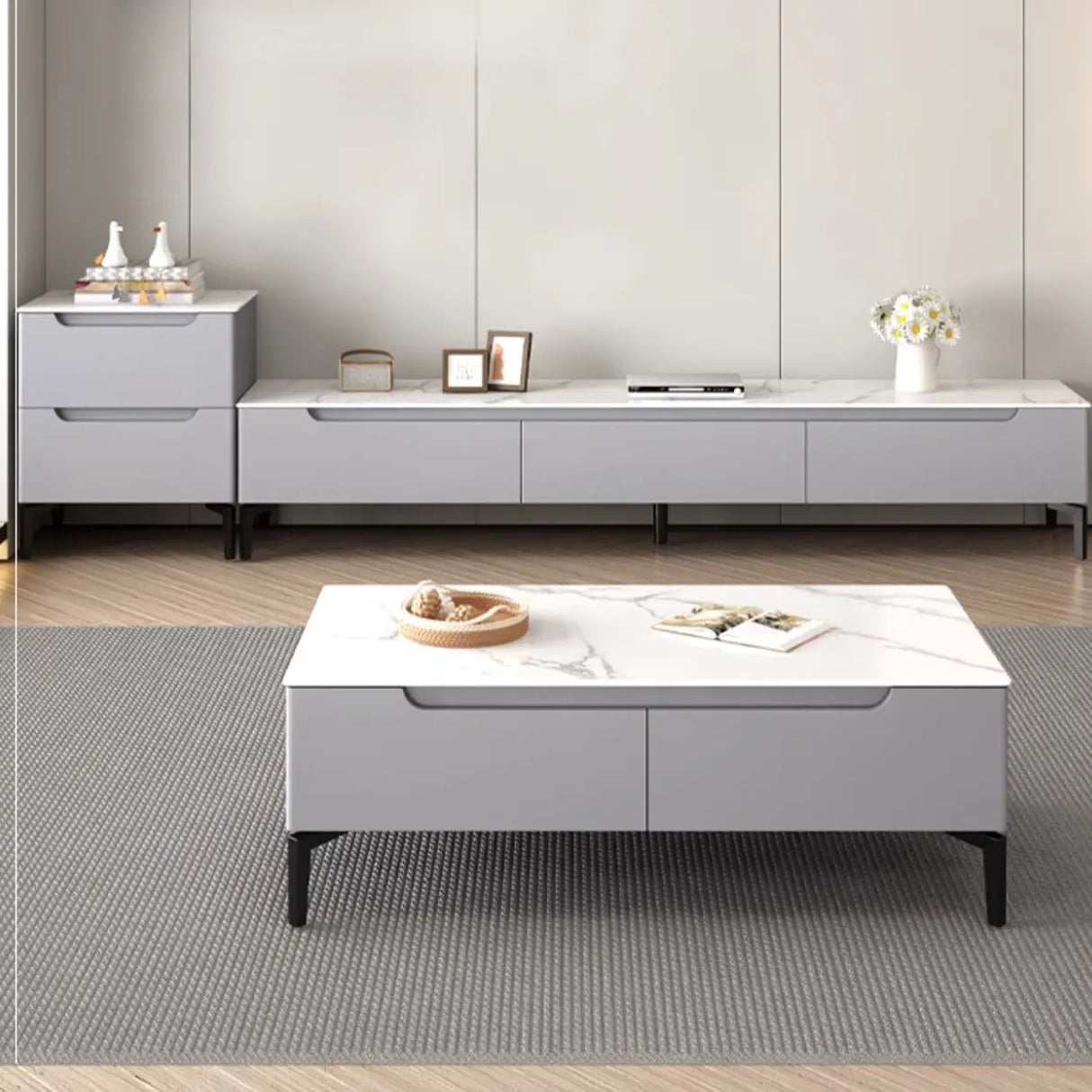 Modish Grey Stone Rectangle TV Stand with Drawers Image - 4