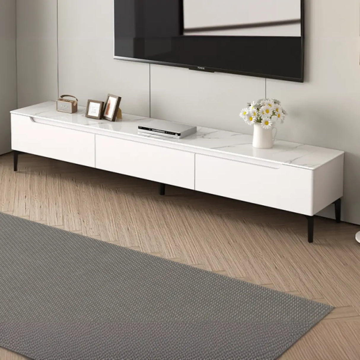 Modish Grey Stone Rectangle TV Stand with Drawers Image - 5