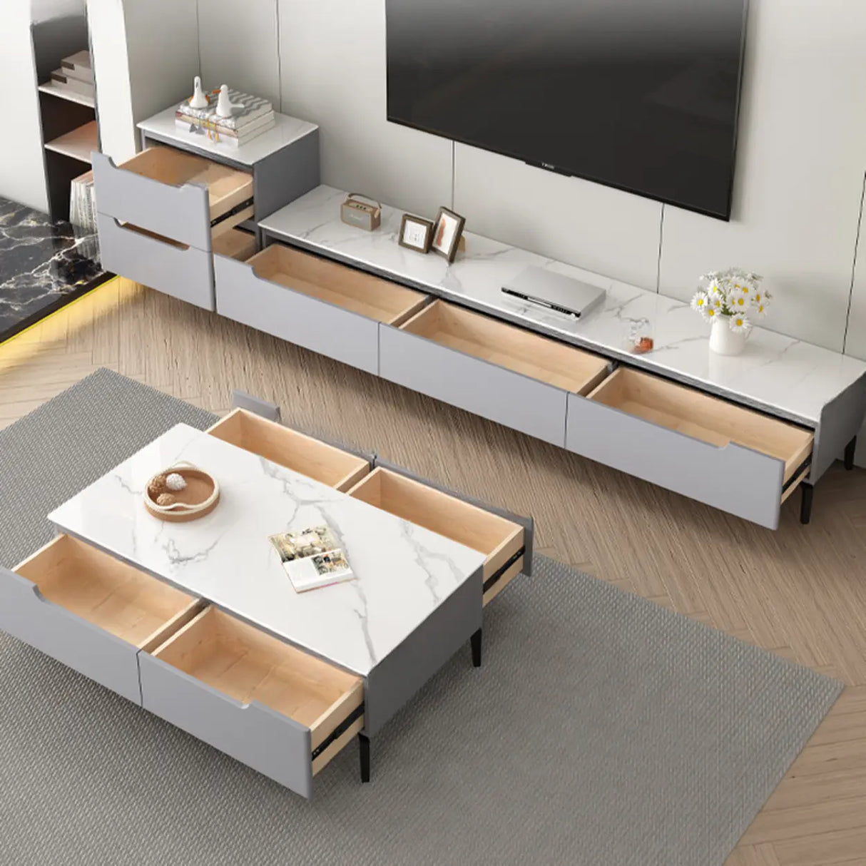 Modish Grey Stone Rectangle TV Stand with Drawers Image - 6