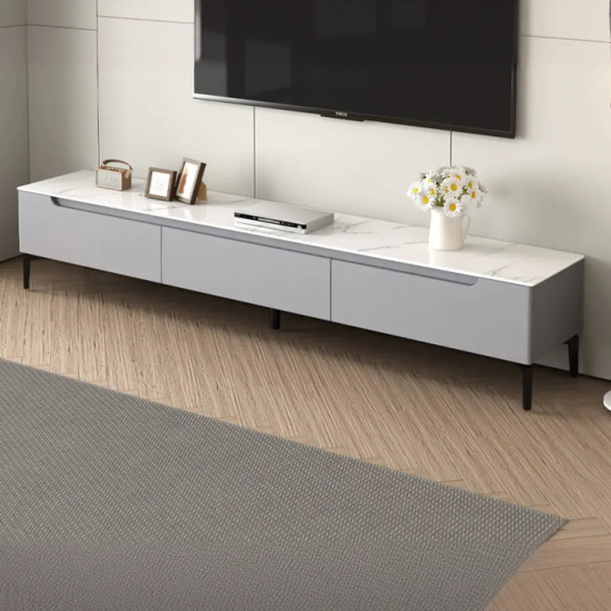 Modish Grey Stone Rectangle TV Stand with Drawers Image - 7