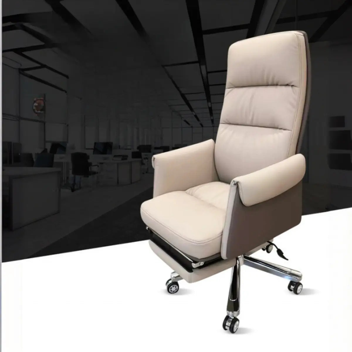 Modish Leather Executive Rotatable Beige Office Chair Image - 8