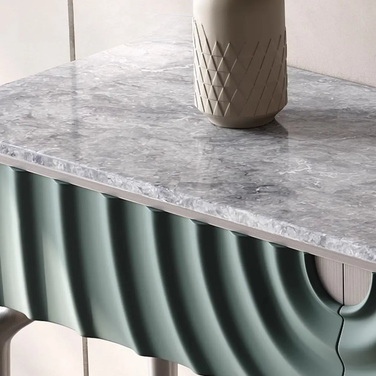 Modish Metal Wave Stone Top Console Table with Drawers Image - 10